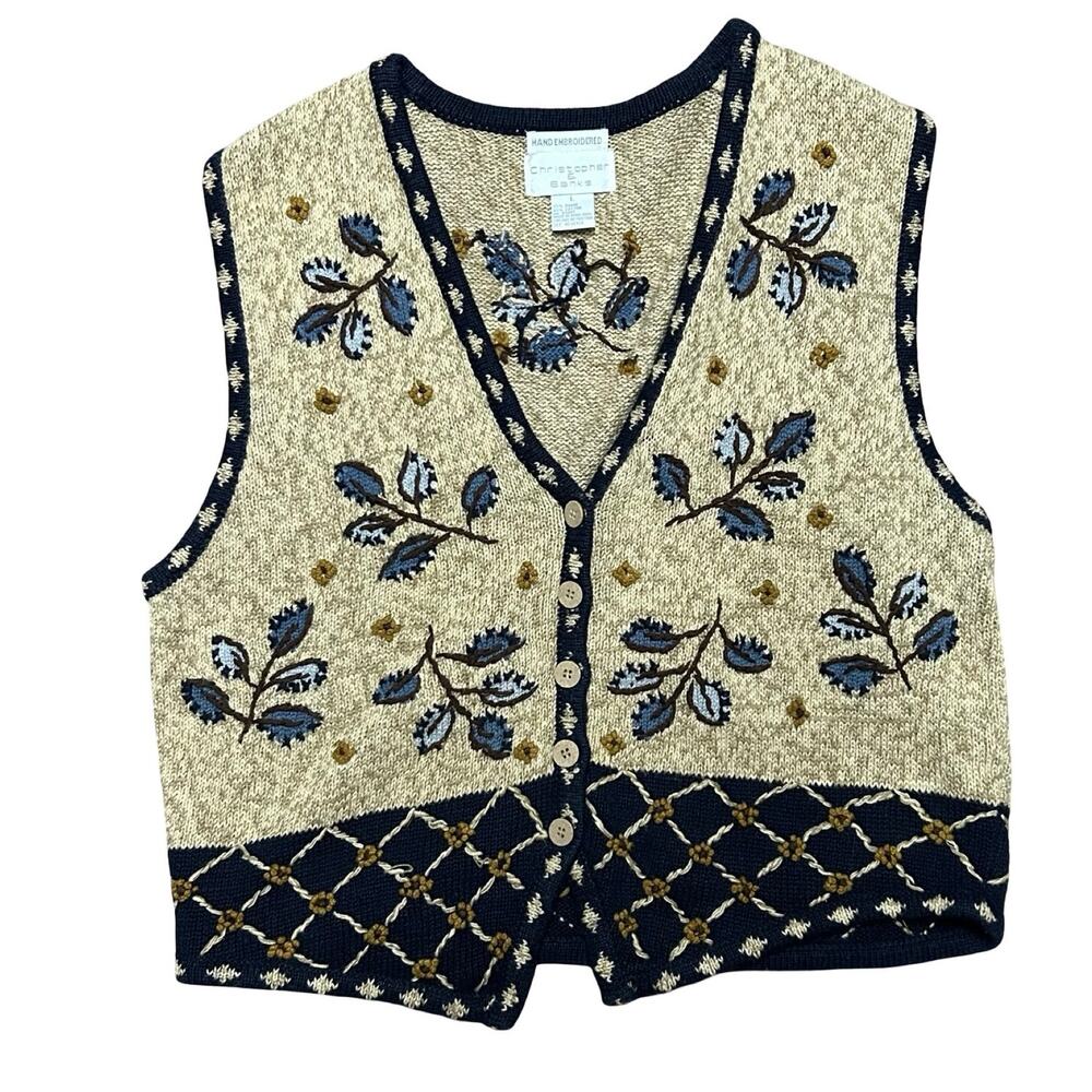 90s Christopher & Banks Hand Embroidered Sweater Vest Womens Large Boho Cottage